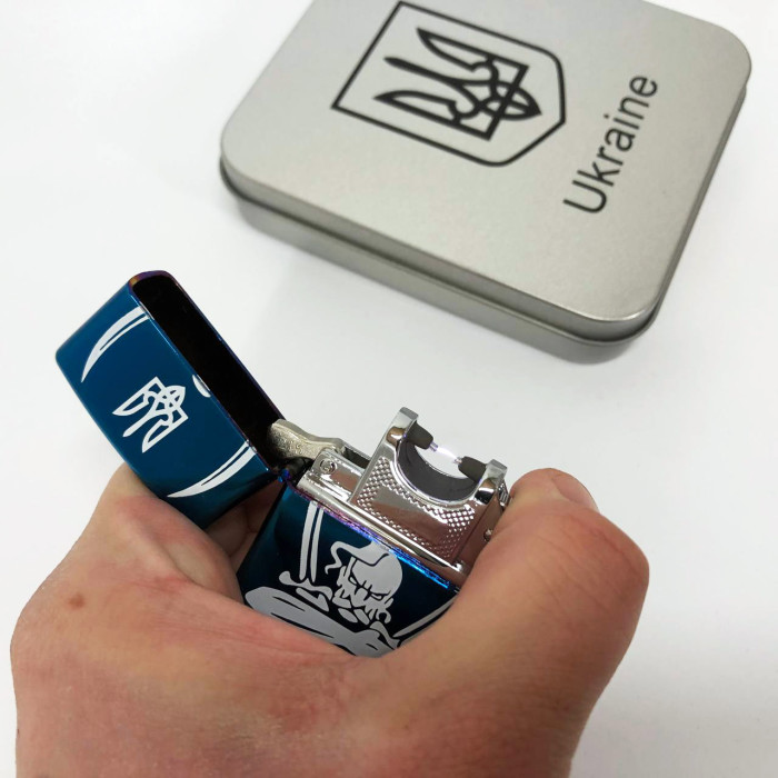 Дугова електроімпульсна запальничка USB Україна (металева коробка) HL-449. Колір: синій