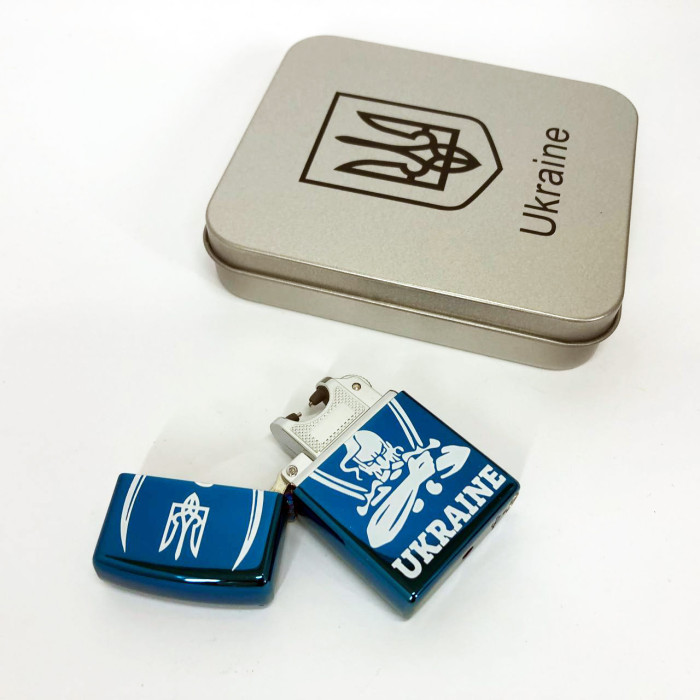 Дугова електроімпульсна запальничка USB Україна (металева коробка) HL-449. Колір: синій