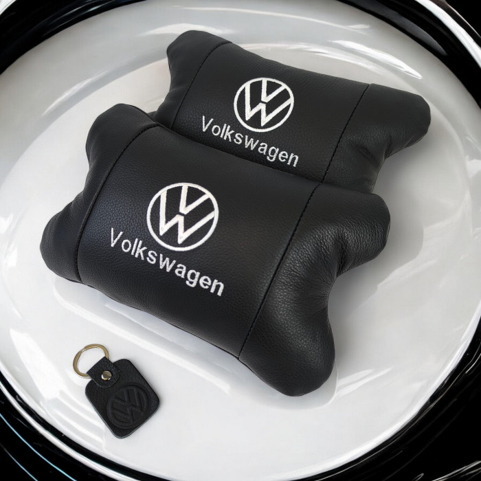 Набір подушок 2шт в авто Volkswagen з натуральної шкіри, на підголовник у машину, Автомобільна подушка