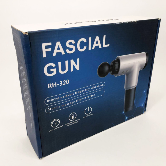 Акумуляторний масажер Fascial Gun KH-320 портативний ручний ударний м'язовий пістолет 4 насадки сірий