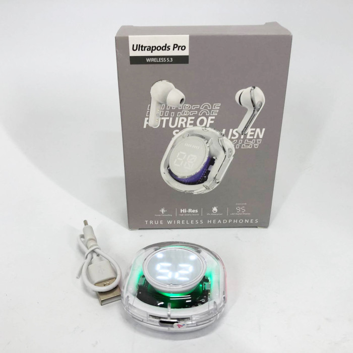 Бездротові навушники TWS T8 PRO з прозорим кейсом Вакуумний LED дисплей Bluetooth 5.3. Колір: білий