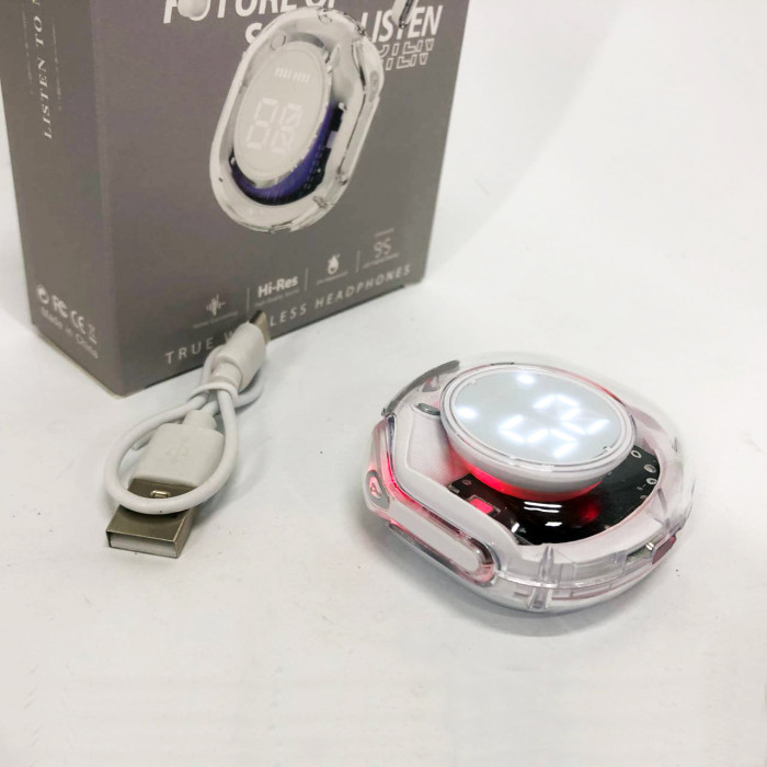 Бездротові навушники TWS T8 PRO з прозорим кейсом Вакуумний LED дисплей Bluetooth 5.3. Колір: білий