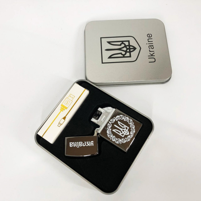 Дугова електроімпульсна запальничка USB Україна металева коробка HL-447. Колір: чорний