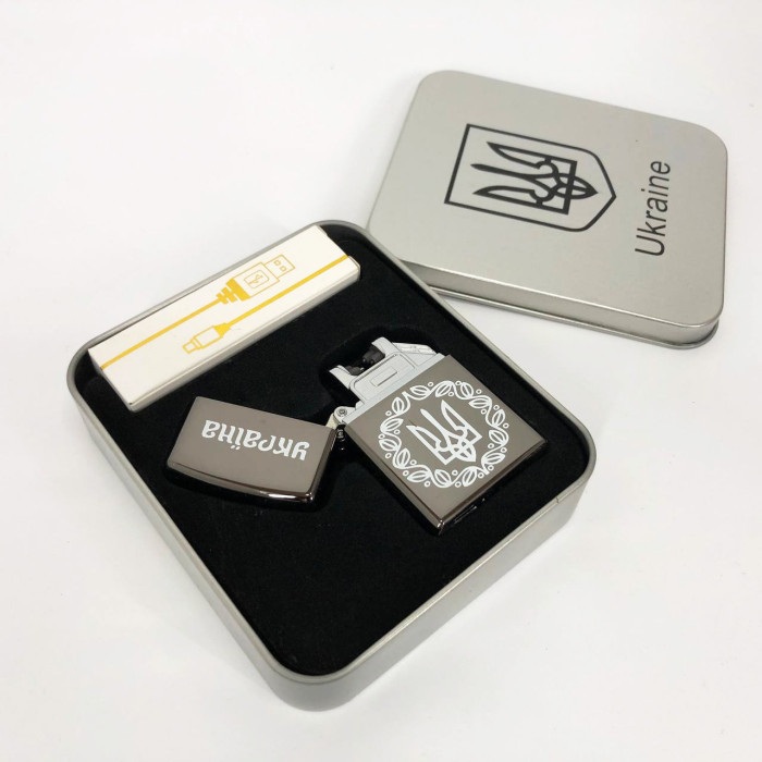 Дугова електроімпульсна запальничка USB Україна металева коробка HL-447. Колір: чорний