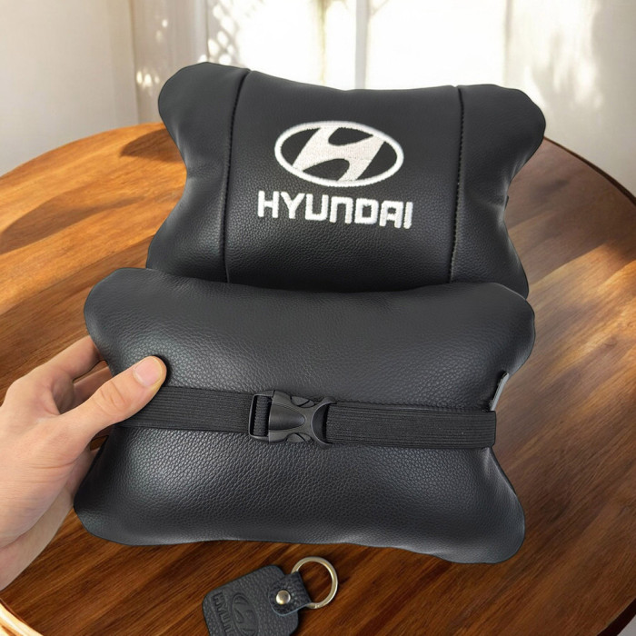 Набір подушок для авто Hyundai 2шт, натуральна шкіра, чорний колір, комфортні підголовники в автомобіль