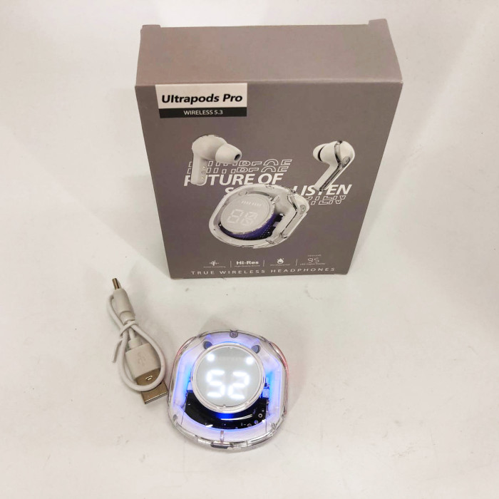 Бездротові навушники TWS T8 PRO з прозорим кейсом Вакуумний LED дисплей Bluetooth 5.3. Колір: білий
