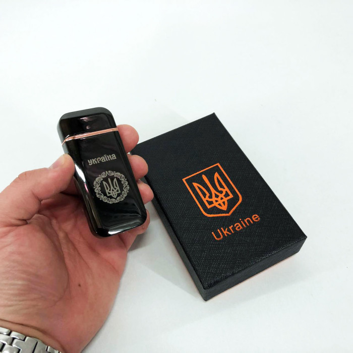 Дугова електроімпульсна запальничка USB Герб України (індикатор заряду, ліхтарик) HL-442. Колір чорний