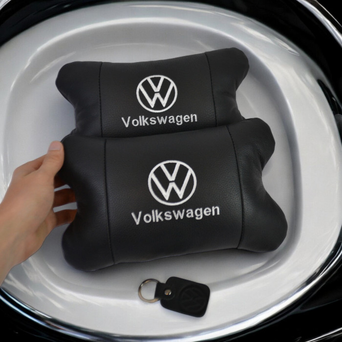Набір подушок 2шт в авто Volkswagen з натуральної шкіри, на підголовник у машину, Автомобільна подушка