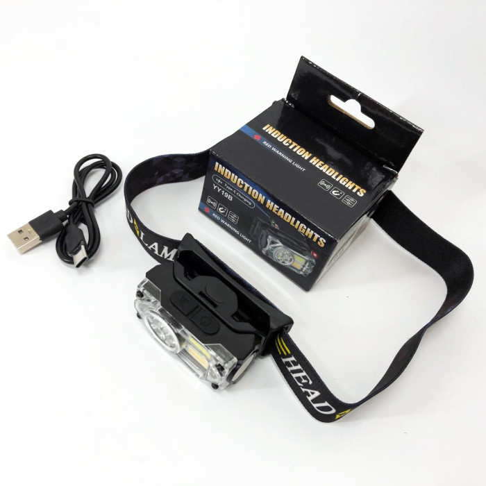 Ліхтар налобний YY-19B-3SMD+2COB(white+yellow+red), Налобний ліхтарик із usb зарядкою