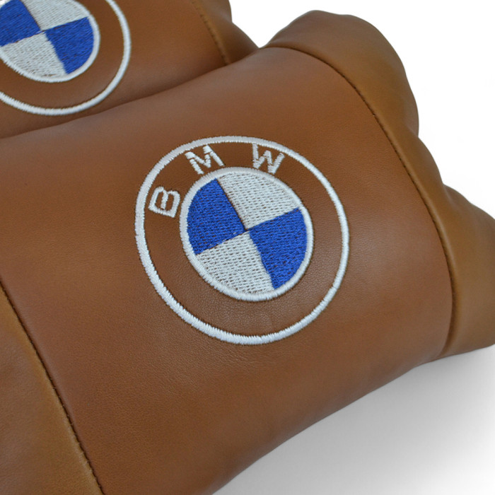 Комплект автоподушок 2шт з натуральної коричневої шкіри для BMW. Ортопедична подушка в авто БМВ