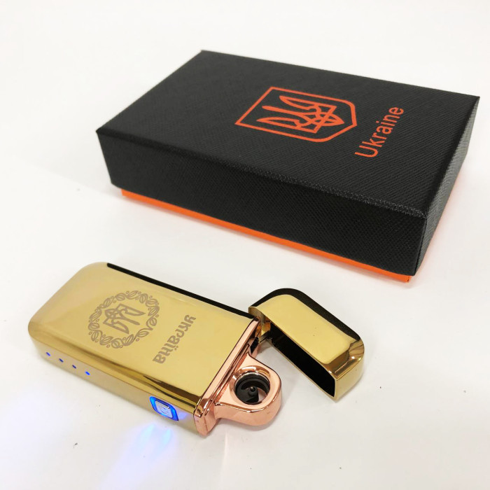 Дугова електроімпульсна запальничка USB Герб України індикатор заряду, ліхтарик HL-442. Колір: золотий