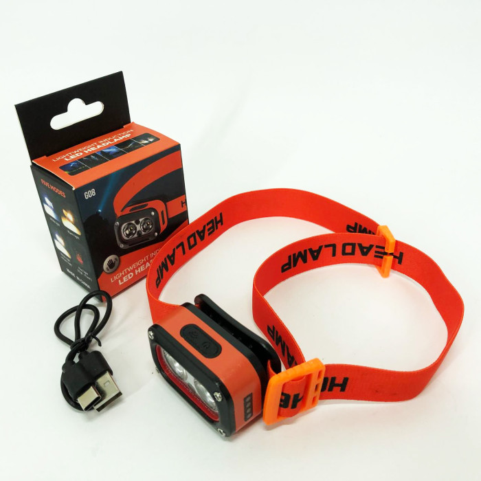 Ліхтар налобний G08-2XPG(white+yellow)+LED(red), Налобний ліхтар для автолюбителів, Led ліхтар налобний