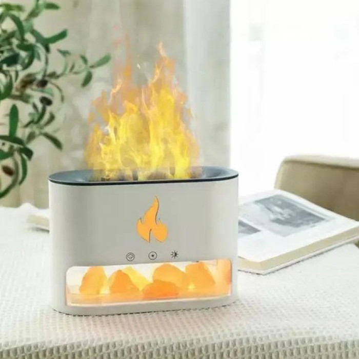 Лампа зволожувач повітря Docsal Flame 3 в 1 з соляним камінням, Портативний зволожувач лампа біла