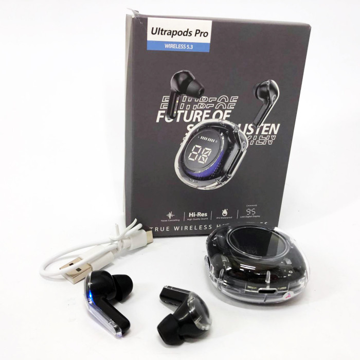 Бездротові навушники TWS T8 PRO з прозорим кейсом Вакуумний LED дисплей Bluetooth 5.3. Колір: чорний
