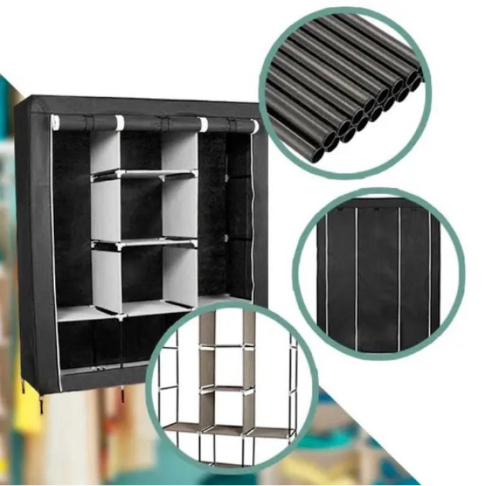 Шафа тканинна 3 секції складана з каркасом STORAGE WARDROBE 175 х 130 х 45 см. Колір: чорний