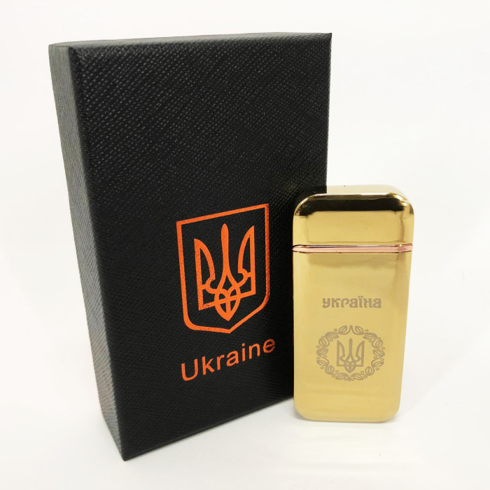 Дугова електроімпульсна запальничка USB Герб України індикатор заряду, ліхтарик HL-442. Колір: золотий