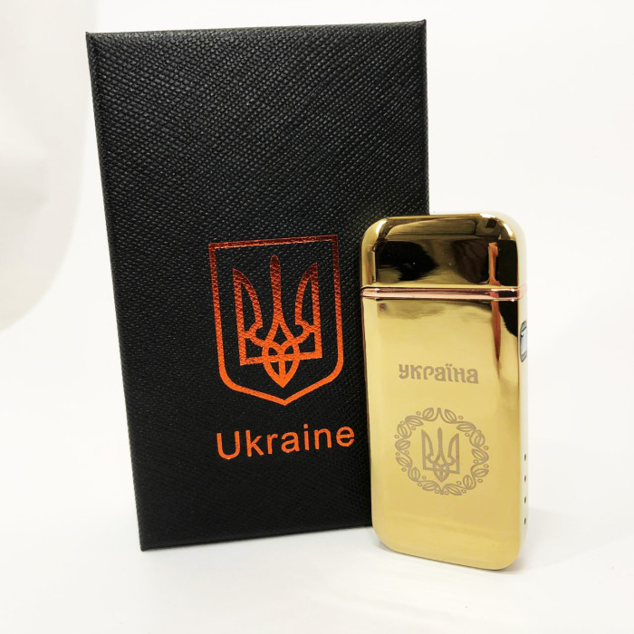 Дугова електроімпульсна запальничка USB Герб України індикатор заряду, ліхтарик HL-442. Колір: золотий