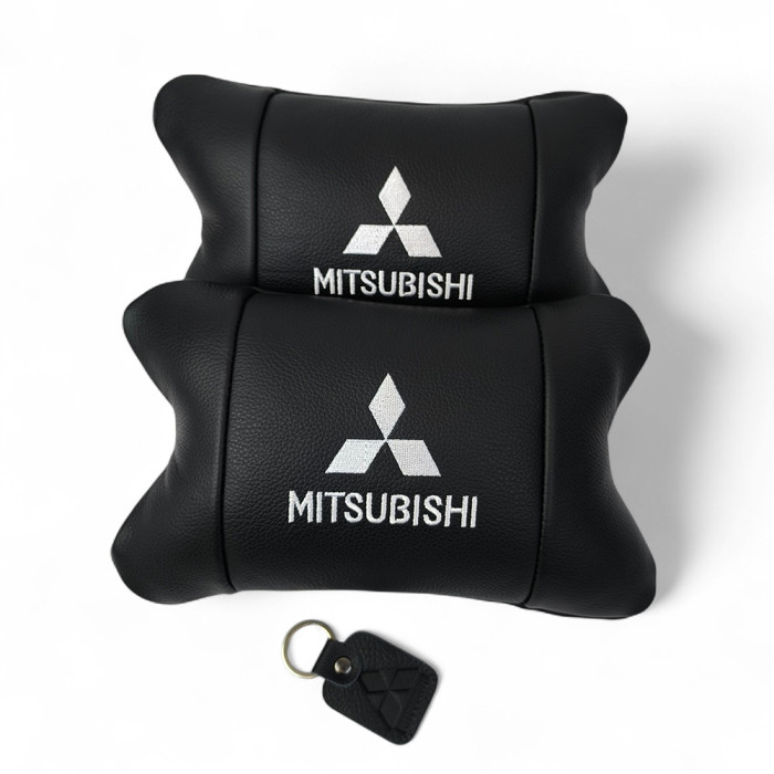 Подушки Mitsubishi з натуральної шкіри, Автоподушки на підголовник + шкіряний брелок з логотипом
