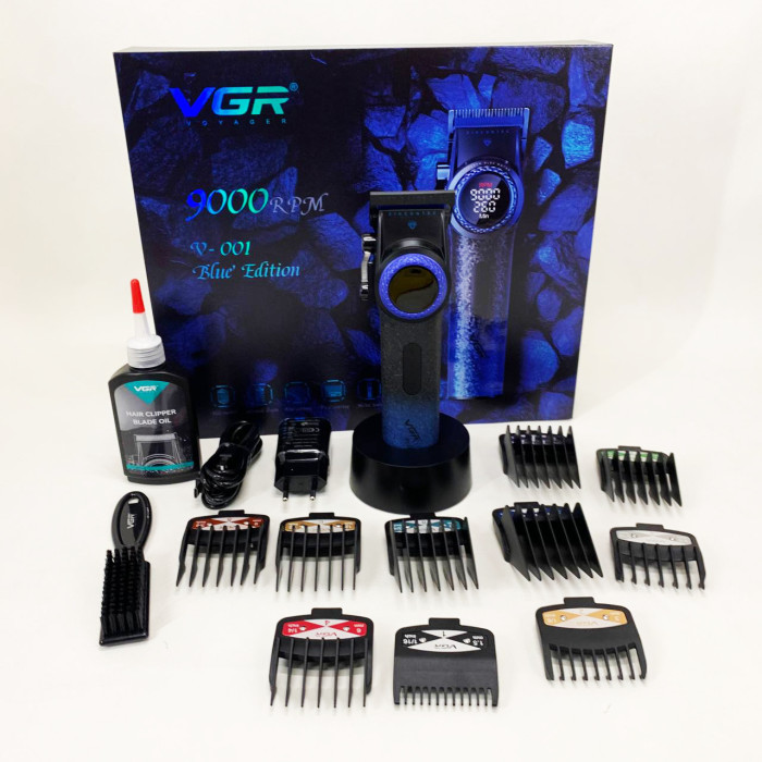 Професійна машинка для стрижки волосся VGR V-001 BLUE з дисплеєм 9000 об/хв та 10 насадками 1,5-24 мм