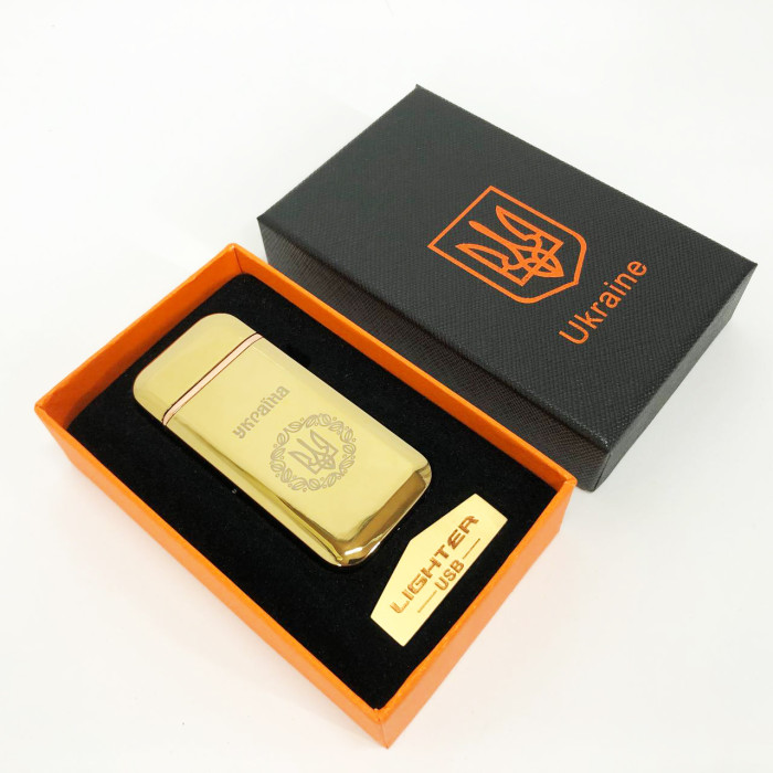 Дугова електроімпульсна запальничка USB Герб України індикатор заряду, ліхтарик HL-442. Колір: золотий