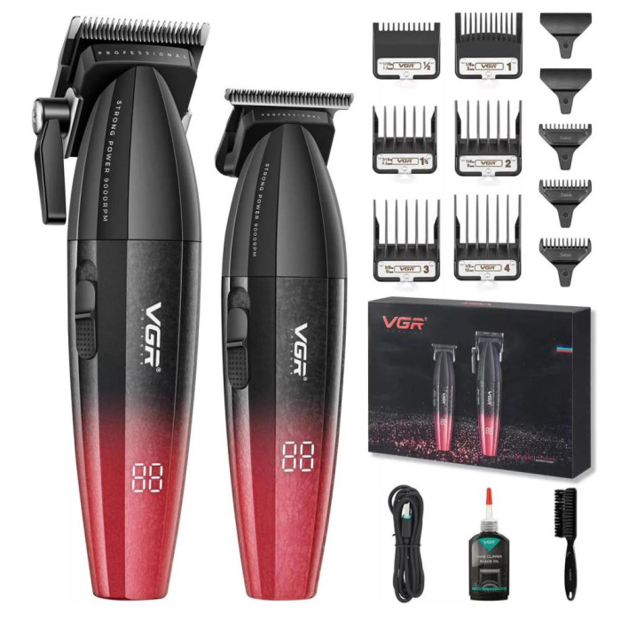 Професійний набір для стрижки волосся VGR V-640 акумуляторний Barber Combo PREMIUM. Колір: червоний