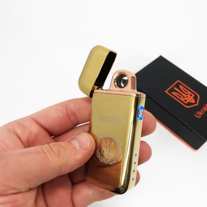Дугова електроімпульсна запальничка USB Герб України індикатор заряду, ліхтарик HL-442. Колір: золотий