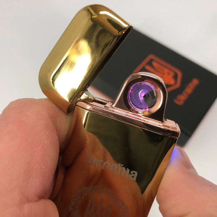 Дугова електроімпульсна запальничка USB Герб України індикатор заряду, ліхтарик HL-442. Колір: золотий