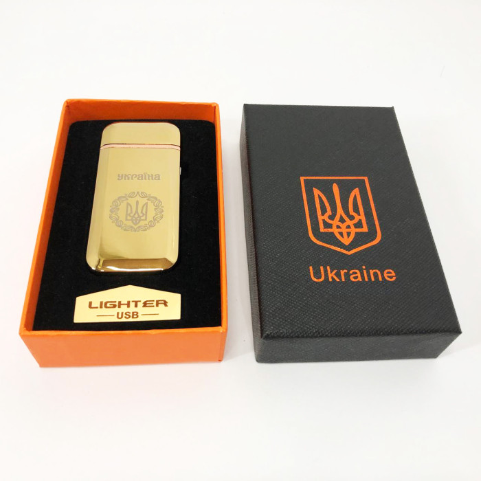 Дугова електроімпульсна запальничка USB Герб України індикатор заряду, ліхтарик HL-442. Колір: золотий