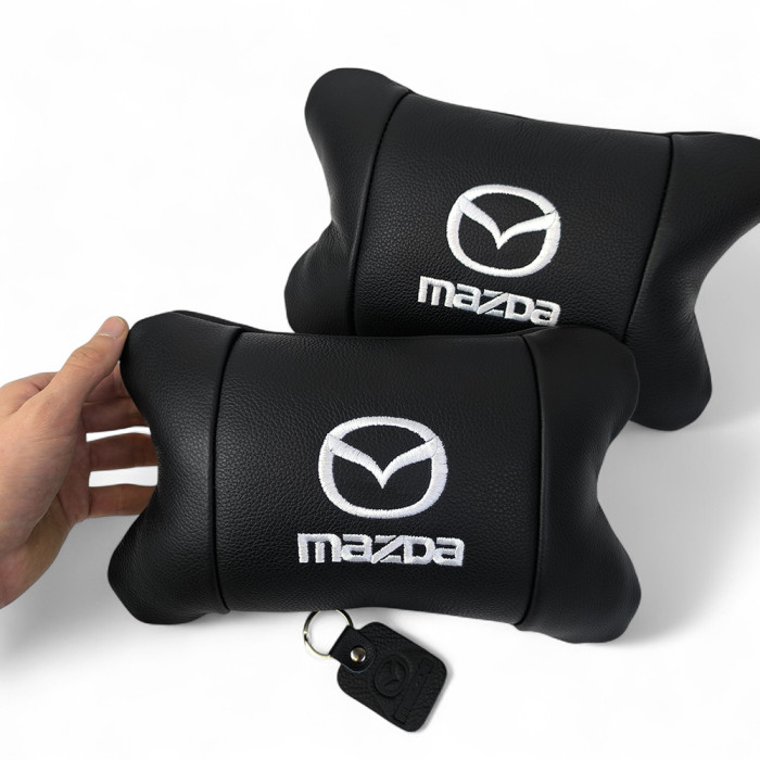Набір шкіряних подушок Mazda з вишивкою логотипу + подарунок – шкіряний брелок