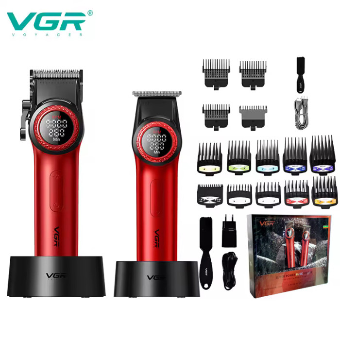 Набір VGR 2 в 1 V-001 V-977 RED, акумуляторна машинка для стрижки та триммер. Колір: червоний
