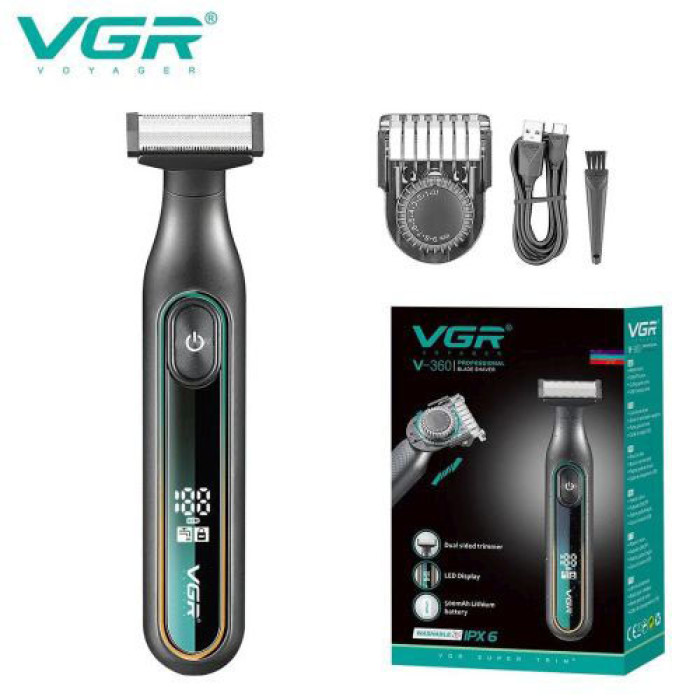 Електробритва VGR V-360 GREEN, Бездротова електробритва, Тример для вусів, Електробритва з насадками