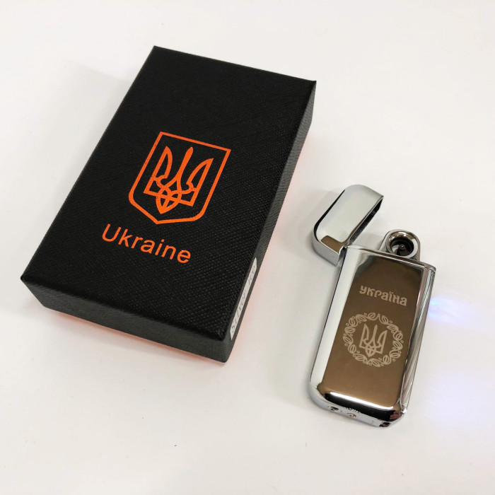 Дугова електроімпульсна запальничка USB Герб України індикатор заряду, ліхтарик HL-442. Колір: срібло