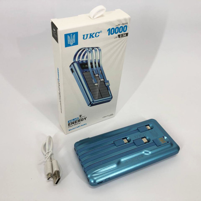 Портативний зарядний пристрій на 10000 mAh, Power Bank на сонячній батареї, заряджання. Колір: синій
