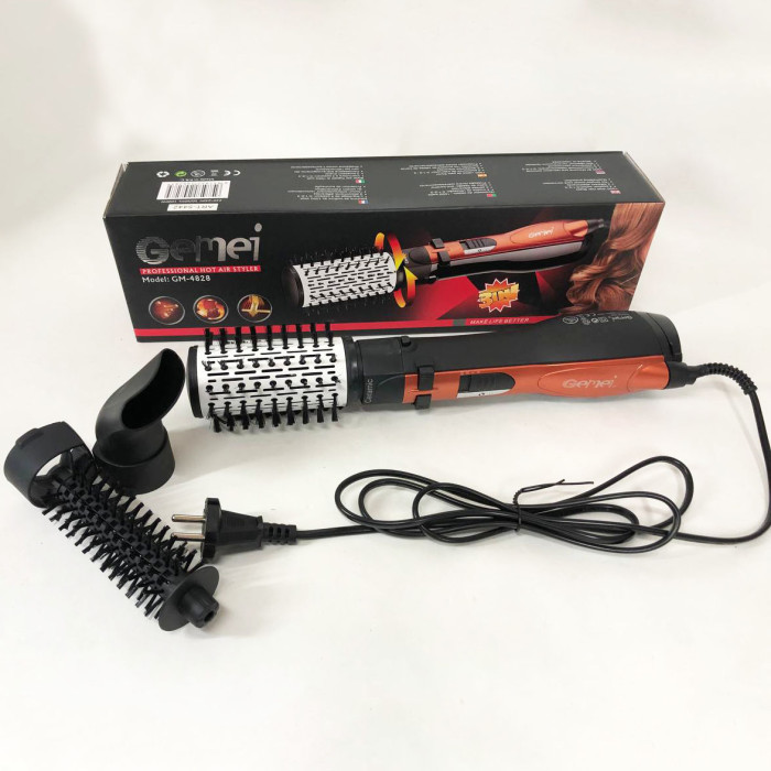 Фен Щітка Gemei Gm-4828 Браш Стайлер гребінець Для Брашинга, Фен щітка 3 в 1, Фен браш Gemei