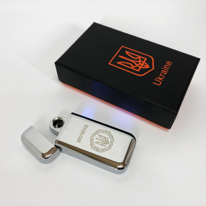 Дугова електроімпульсна запальничка USB Герб України індикатор заряду, ліхтарик HL-442. Колір: срібло