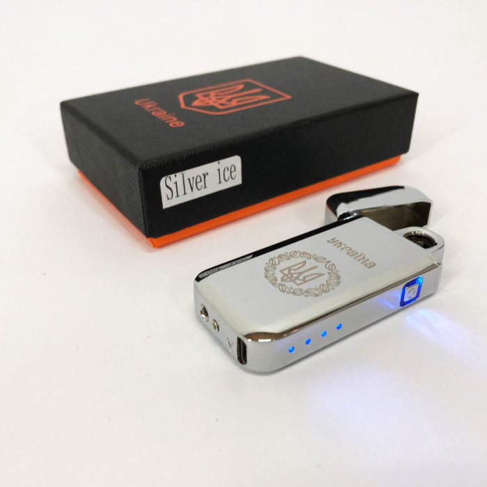 Дугова електроімпульсна запальничка USB Герб України індикатор заряду, ліхтарик HL-442. Колір: срібло
