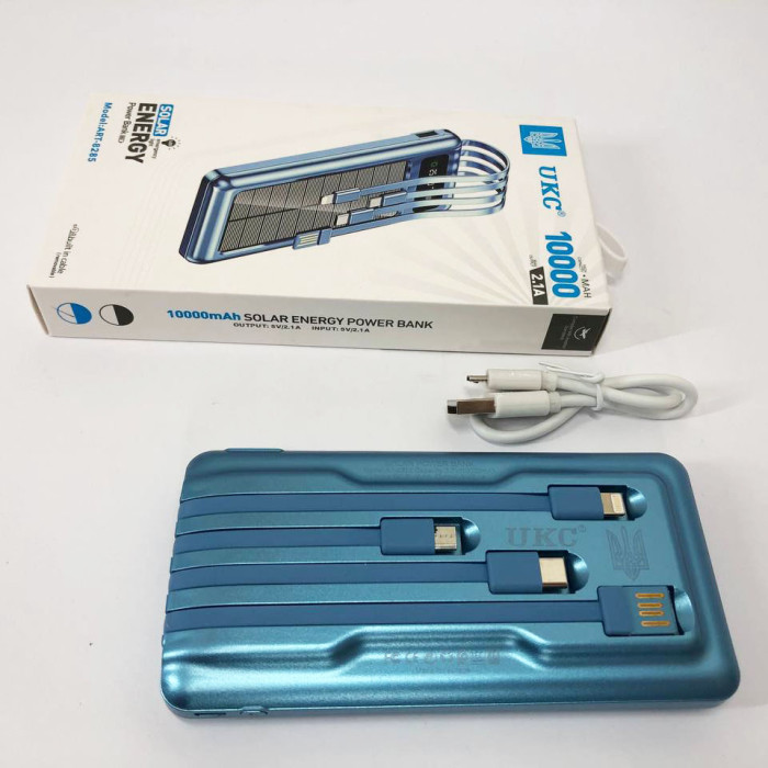 Портативний зарядний пристрій на 10000 mAh, Power Bank на сонячній батареї, заряджання. Колір: синій