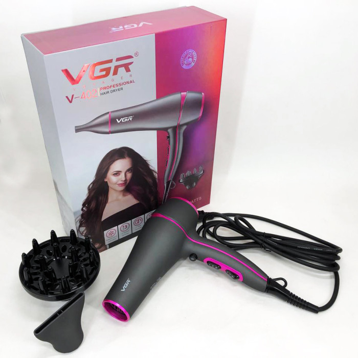 Професійний потужний фен з насадками VGR V-402 з концентратором та дифузором для сушіння та укладання волосся