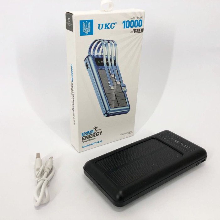 Портативний зарядний пристрій на 10000mAh, Power Bank на сонячній батареї, заряджання. Колір: чорний