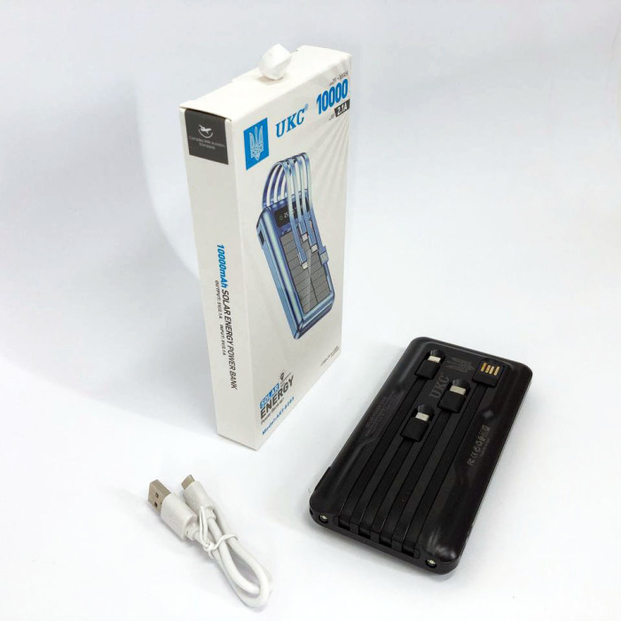 Портативний зарядний пристрій на 10000mAh, Power Bank на сонячній батареї, заряджання. Колір: чорний