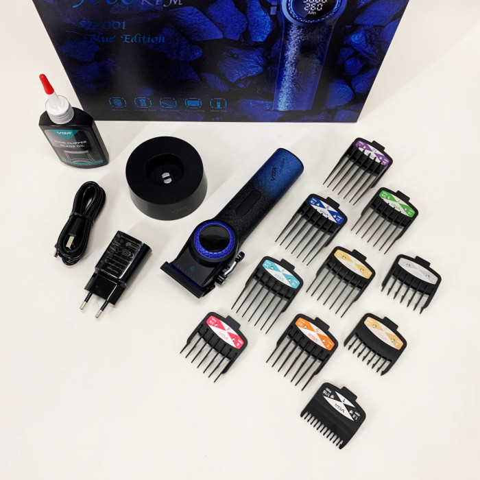 Професійна машинка для стрижки волосся VGR V-001 BLUE з дисплеєм 9000 об/хв та 10 насадками 1,5-24 мм