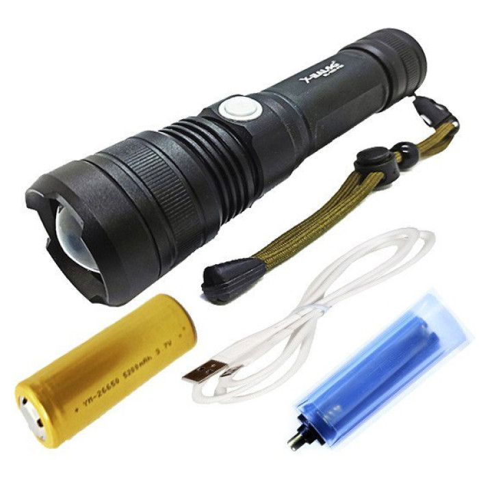 Ручний акумуляторний світлодіодний ліхтар Police X-Balog BL-1827-P90 переносний з USB заряджанням оптичним зумом і металевим корпусом + ремінець на руку
