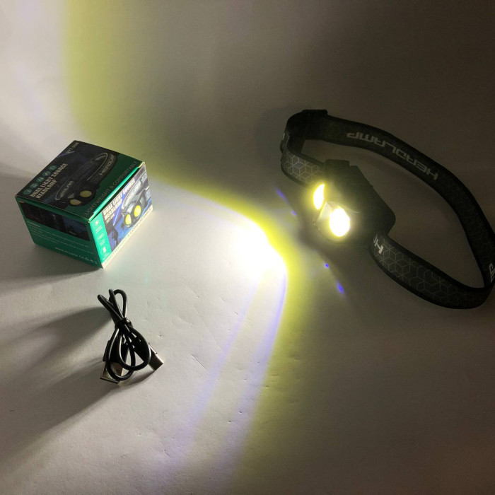 Ліхтар налобний WT208 2COB, білий, червоний, Налібний ліхтарик з usb зарядкою, Водонепроникний ліхтарик