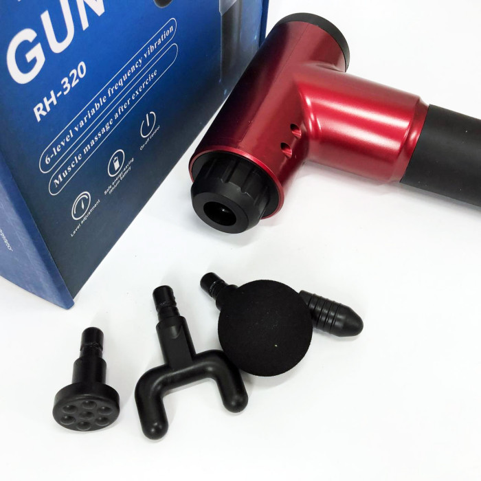 Акумуляторний масажер Fascial Gun KH-320 портативний ручний ударний м'язовий пістолет 4 насадки червоний