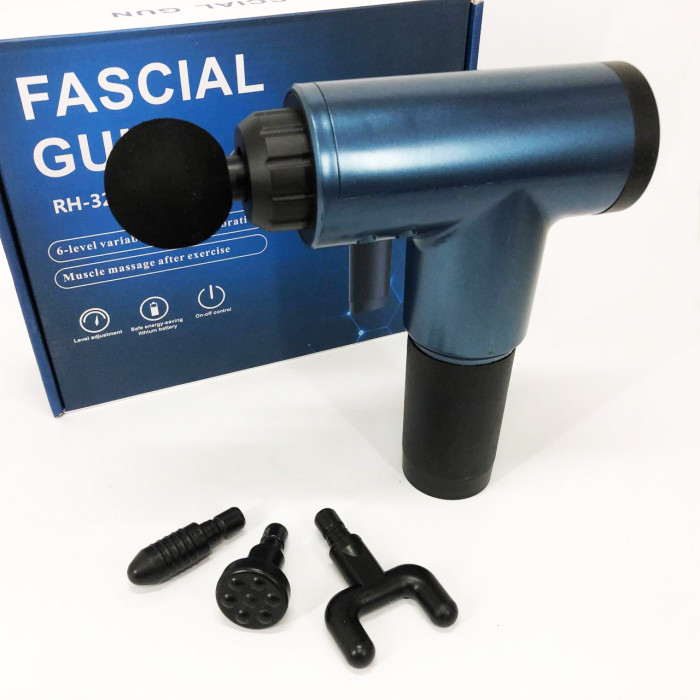 Акумуляторний масажер Fascial Gun KH-320 портативний ручний ударний м'язовий пістолет 4 насадки синій