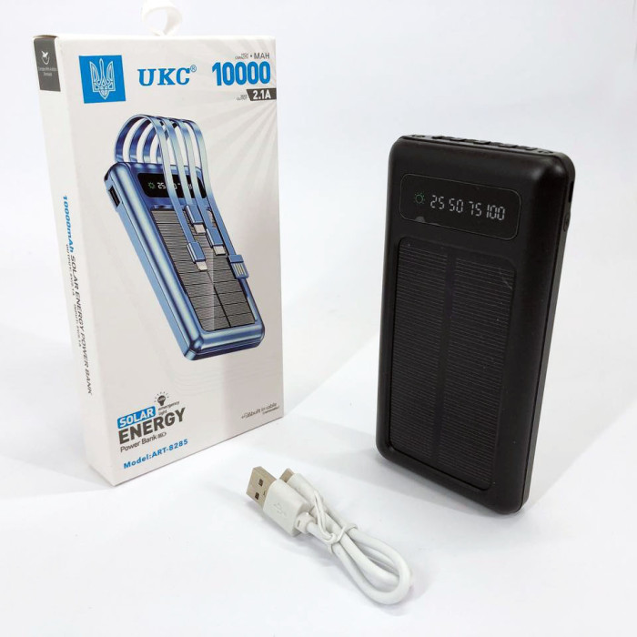Портативний зарядний пристрій на 10000mAh, Power Bank на сонячній батареї, заряджання. Колір: чорний