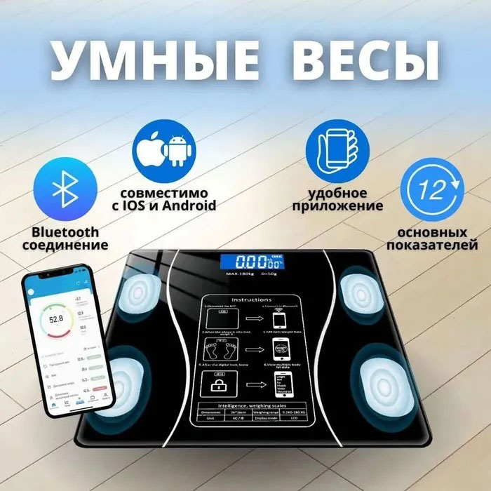 Розумні смарт-ваги Scale TY-619 електронні з додатком на телефон LCD-дисплей загартоване скло