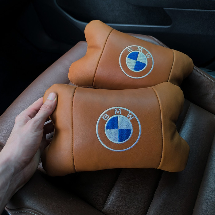 Комплект автоподушок 2шт з натуральної коричневої шкіри для BMW. Ортопедична подушка в авто БМВ