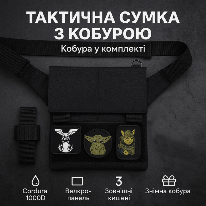 Сумка месенджер З КОБУРОЮ. Тактична сумка з тканини, 3 кишені, патч-панель, Cordura
