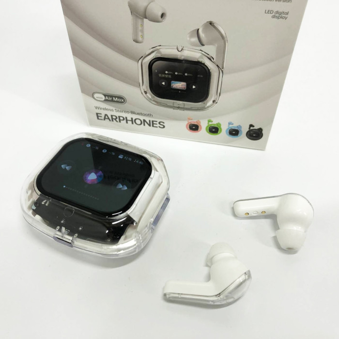 Бездротові вакуумні навушники TWS з дисплеєм LED, вологозахист IPx4 Bluetooth 5.4 з кейсом. Колір: білий